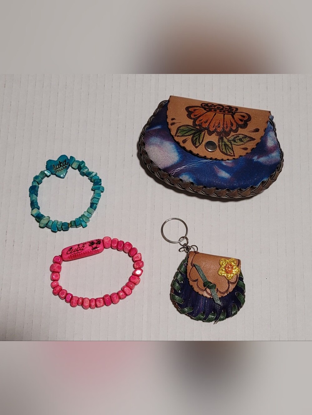 CUBA ~ Handmade Bracelets Keychain Coin Purse Money Pouch - Pink Teal AQUA Set